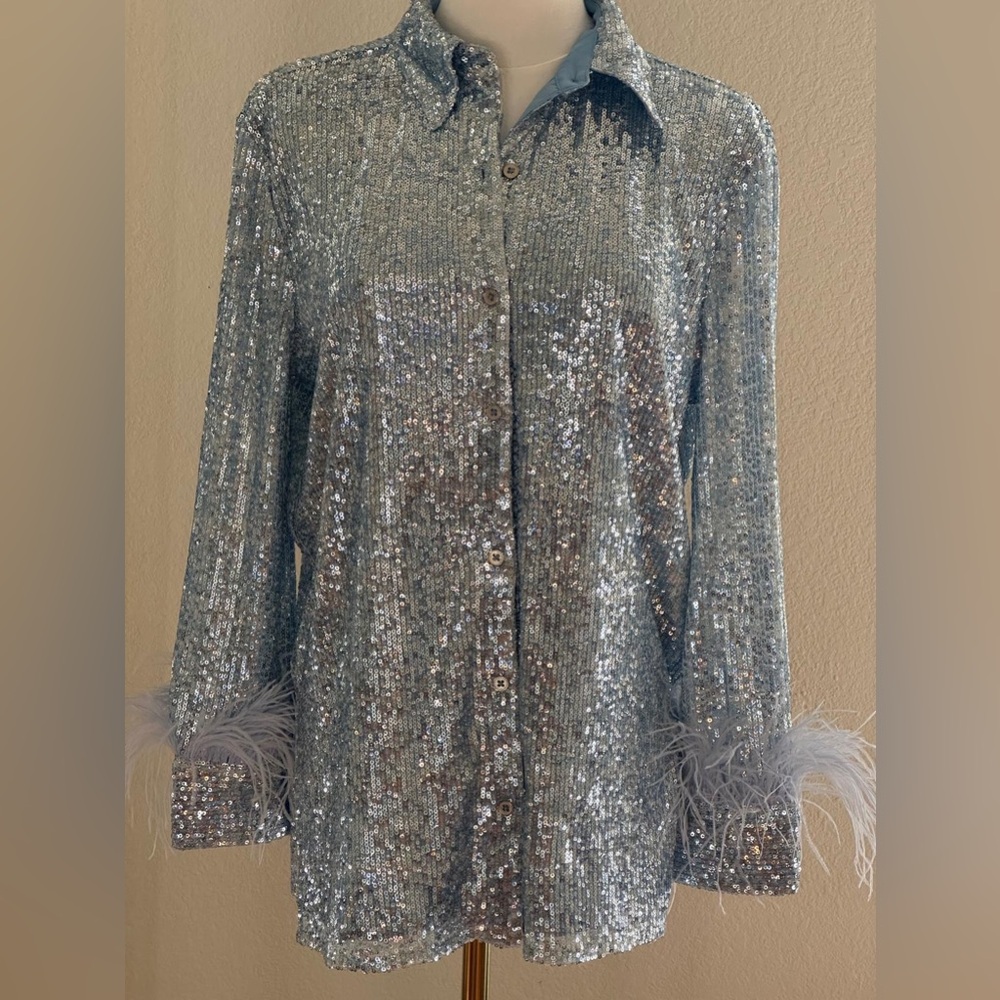 Jude Connally Blue Sequin Top with Feather Accents